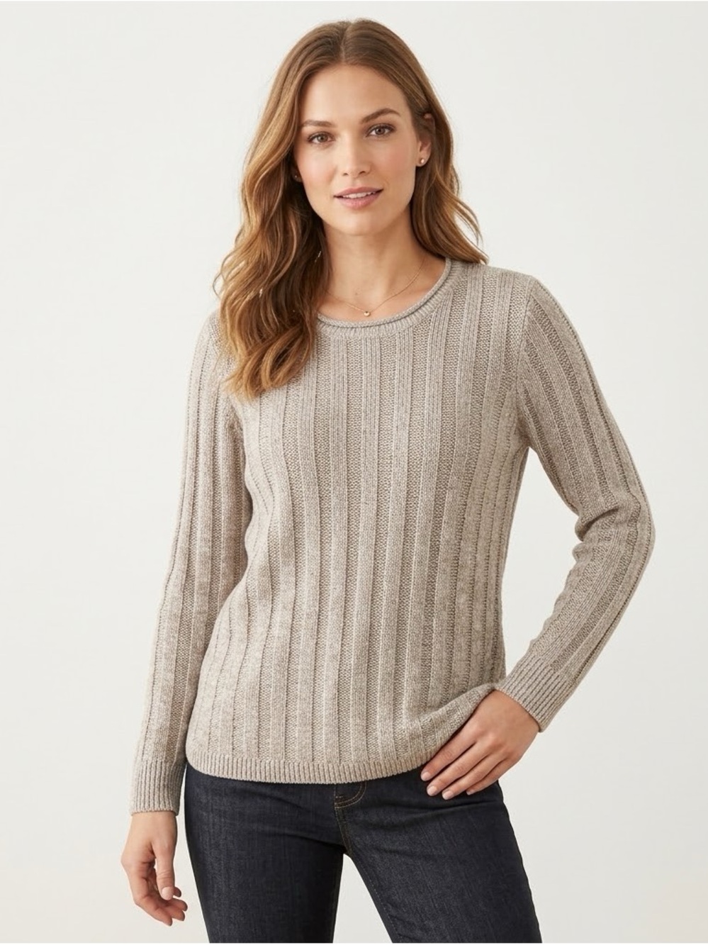 Coldwater Creek Linen Blend Beige Ribbed Knit Crewneck Sweater Soft Girl L/XL